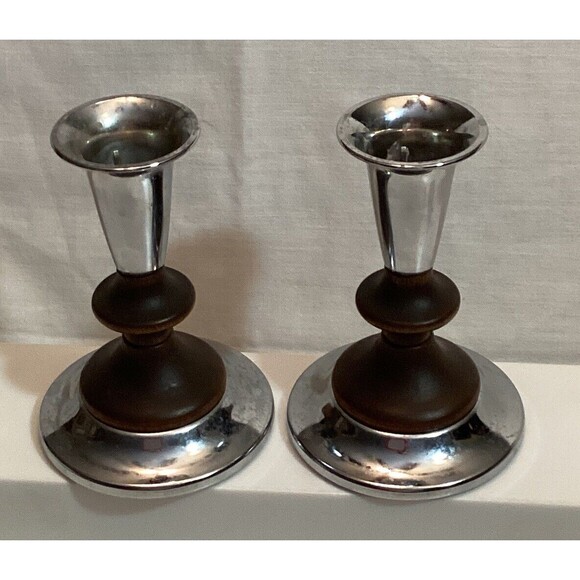 Kromex Teakwood & Metal Taper Candlestick Holders 4.5" MCM USA Vintage - Picture 13 of 14